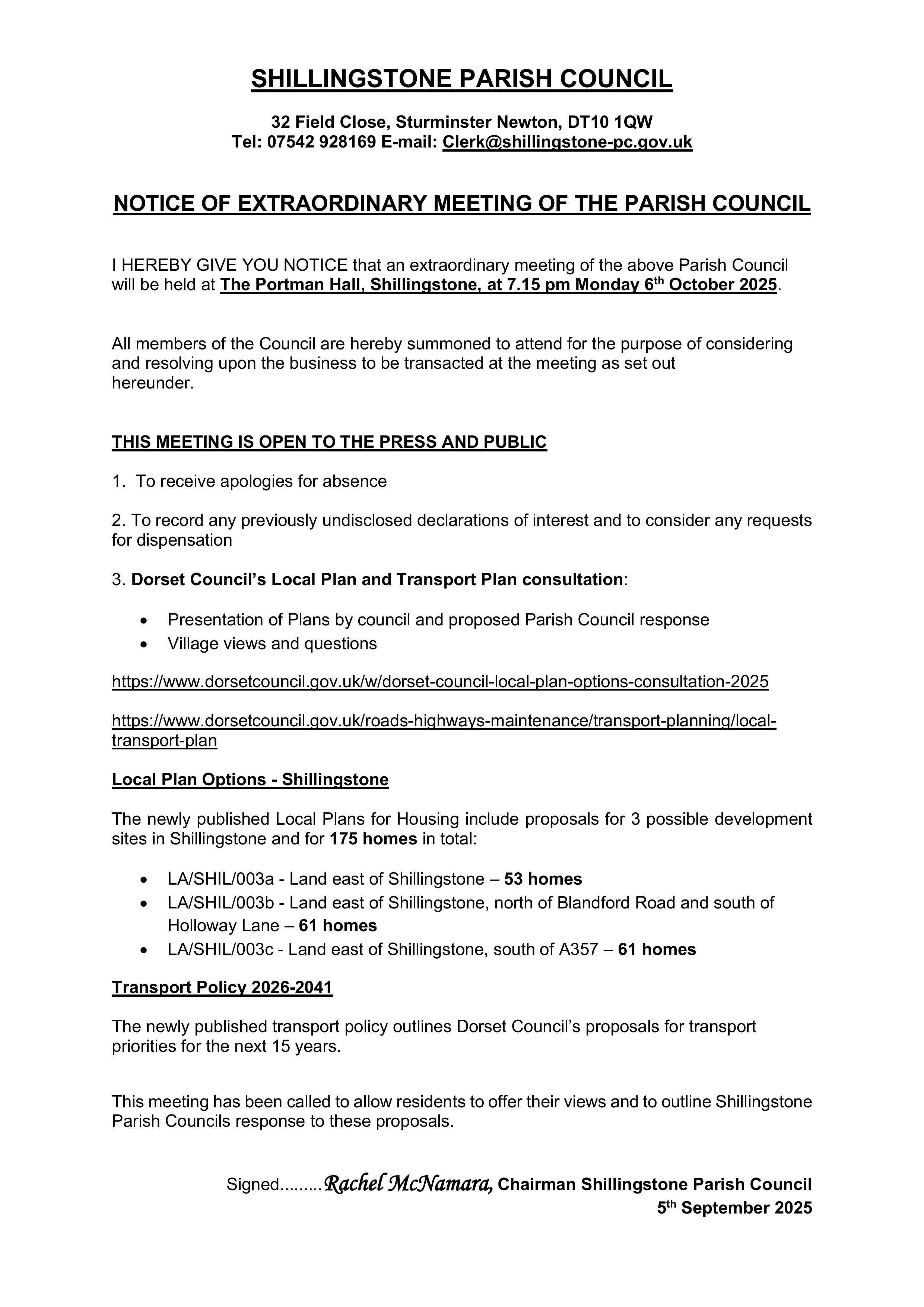 Dorset Council's Local Plan - Extraordinary General Meeting 6th October 2025